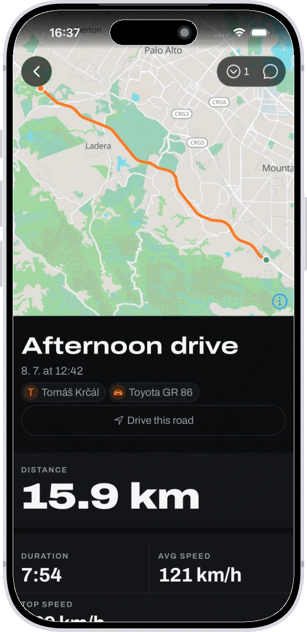 A drive report - traced route, distance, pace
