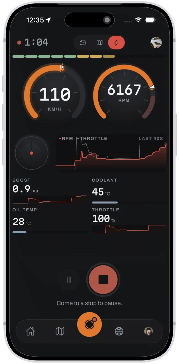 Race - speed and RPM dials over the live engine channels